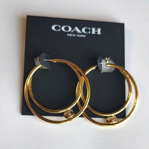 Coach Earrings Hoops Gold Signature C Zirconia Double Hoop Gold NEW - Picture 11 of 11
